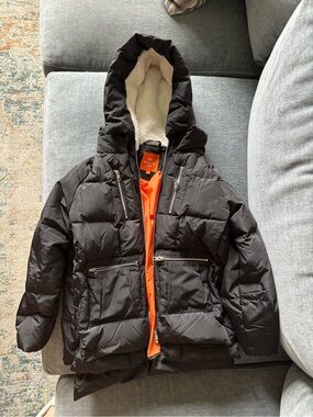 Kids Black Puffer Coat with Orange Lining and Sherpa Hood